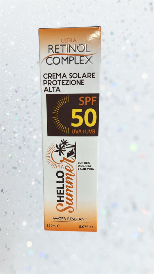 Crema solare protezione uva+uvb alta 50 olio di jojoba e aloe resistente all’acqua- con dosatore