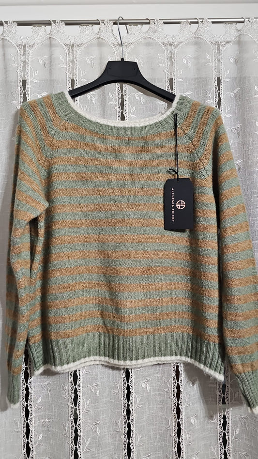 Maglione Millerighe Beige/verde salvia