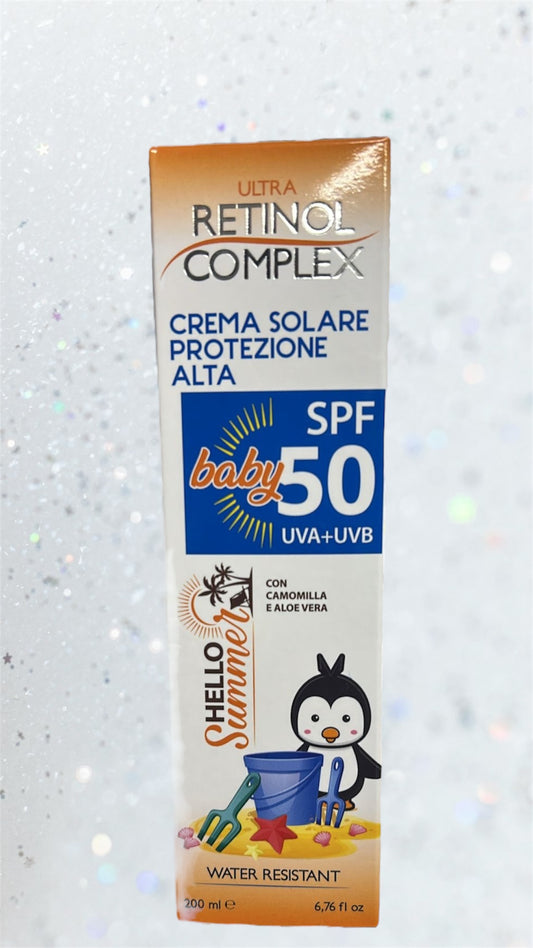 Crema solare BABY protezione uva+uvb alta 50 camomilla e aloe resistente all’acqua- con dosatore
